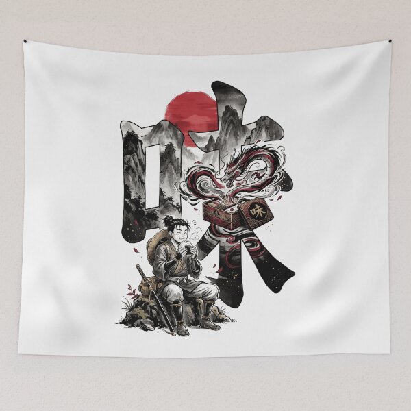 Item preview, Japanese Samurai Eating Onigiri Dragon Bento Kanji Sumi-e Anime Aesthetic designed and sold by mood-draftsman.