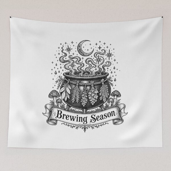 Item preview, Brewing Season – Witch Cauldron with Herbs and Mushrooms Vintage Engraving Design designed and sold by CosmicFlora Studio.