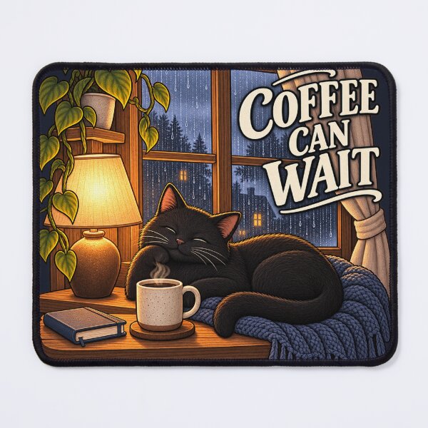 Item preview, Coffee Can Wait — Cozy Cat Evening designed and sold by QuietNovaShop.