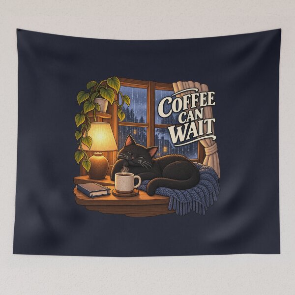 Item preview, Coffee Can Wait — Cozy Cat Evening designed and sold by QuietNovaShop.