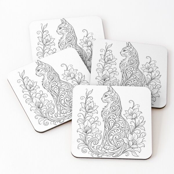 Item preview, Ornamental Cat with Lilies – Tribal Line Art Design designed and sold by CosmicFlora Studio.