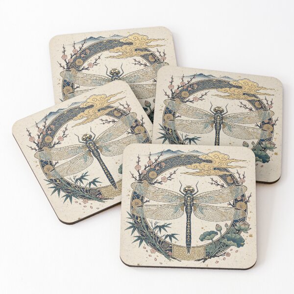 Item preview, Oriental Dragonfly Enso - Japanese Ink Style with Gold Clouds, Sakura, Bamboo & Lotus designed and sold by PrettyCrypt.