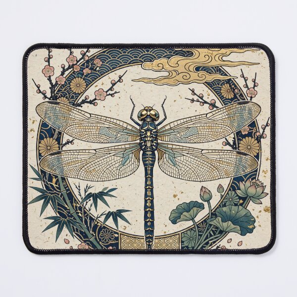Item preview, Oriental Dragonfly Enso - Japanese Ink Style with Gold Clouds, Sakura, Bamboo & Lotus designed and sold by PrettyCrypt.