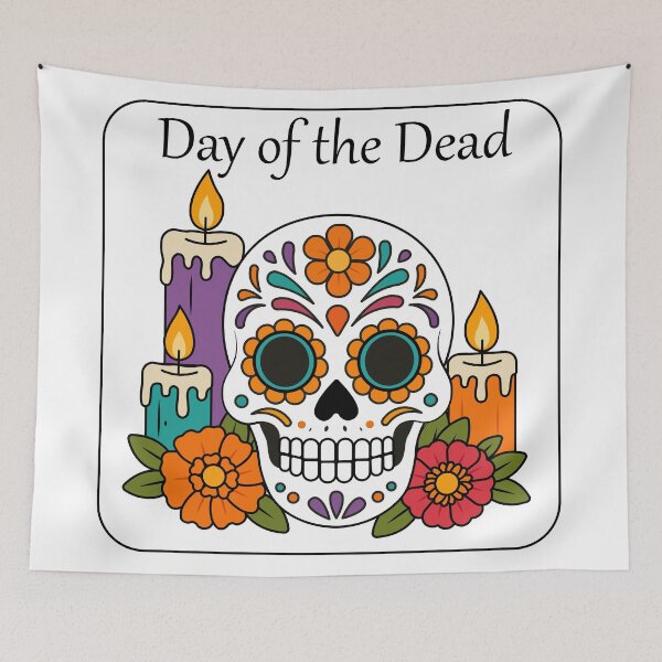 Artikelvorschau, Calavera mexicana del Día de los Muertos con flores y velas entworfen und verkauft von DoveArtDesigns.