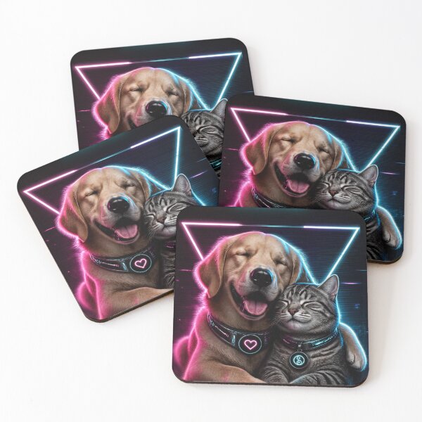 Item preview, Cyberpunk Neon Dog and Cat Hugging - Opposites Attract Cute Animals designed and sold by LookWhatIGot.