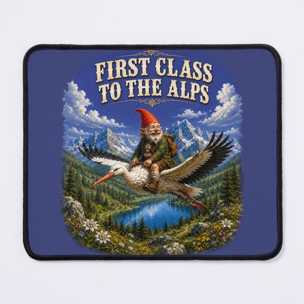 Item preview, First Class to the Alps – Funny Gnome Riding a Stork | Vintage Alpine Adventure. designed and sold by Alpine-Ink.