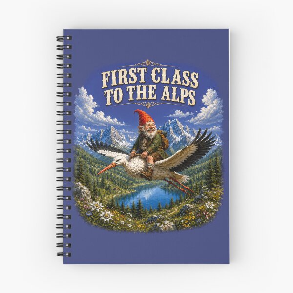 Item preview, First Class to the Alps – Funny Gnome Riding a Stork | Vintage Alpine Adventure. designed and sold by Alpine-Ink.