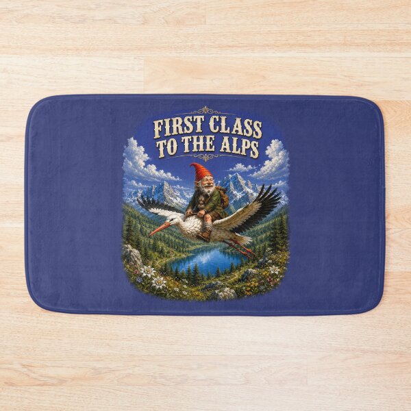 Item preview, First Class to the Alps – Funny Gnome Riding a Stork | Vintage Alpine Adventure. designed and sold by Alpine-Ink.