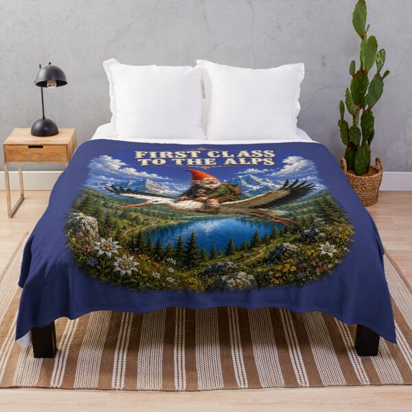 Item preview, First Class to the Alps – Funny Gnome Riding a Stork | Vintage Alpine Adventure. designed and sold by Alpine-Ink.