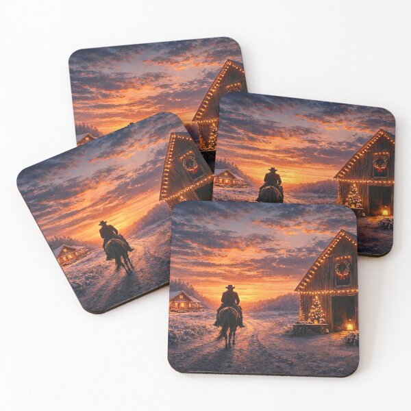 Item preview, Christmas Holiday Cowboy Riding into Winter Sunset Past Barn Heading Towards Home designed and sold by Stephanie Laird.