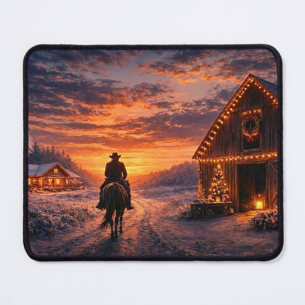 Item preview, Christmas Holiday Cowboy Riding into Winter Sunset Past Barn Heading Towards Home designed and sold by Stephanie Laird.