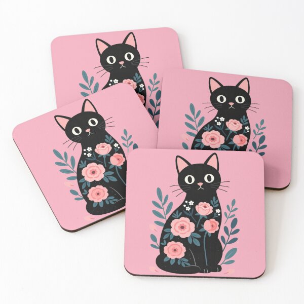 Item preview, Black Cat Floral Art - Folk Art Botanical Kitty with Pink Roses designed and sold by BLUESKY11a.