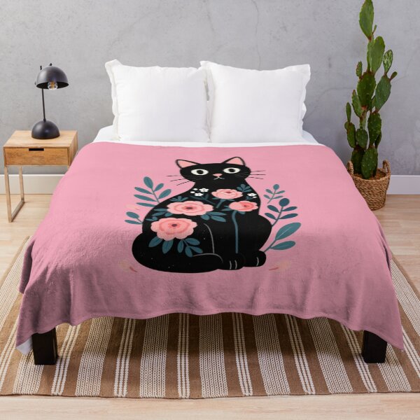 Item preview, Black Cat Floral Art - Folk Art Botanical Kitty with Pink Roses designed and sold by BLUESKY11a.