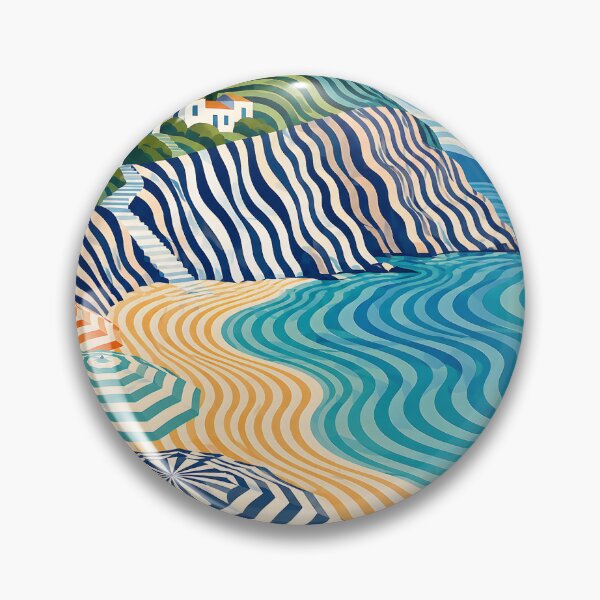 Item preview, Geometric Mediterranean Beach – Wavy Coastal Landscape & Striped Umbrellas designed and sold by GutyzDesignsES.