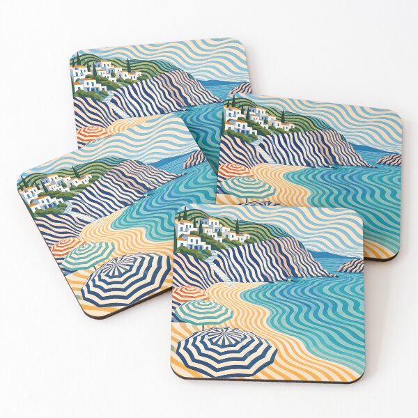 Item preview, Geometric Mediterranean Beach – Wavy Coastal Landscape & Striped Umbrellas designed and sold by GutyzDesignsES.