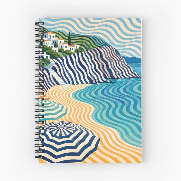 Item preview, Geometric Mediterranean Beach – Wavy Coastal Landscape & Striped Umbrellas designed and sold by GutyzDesignsES.