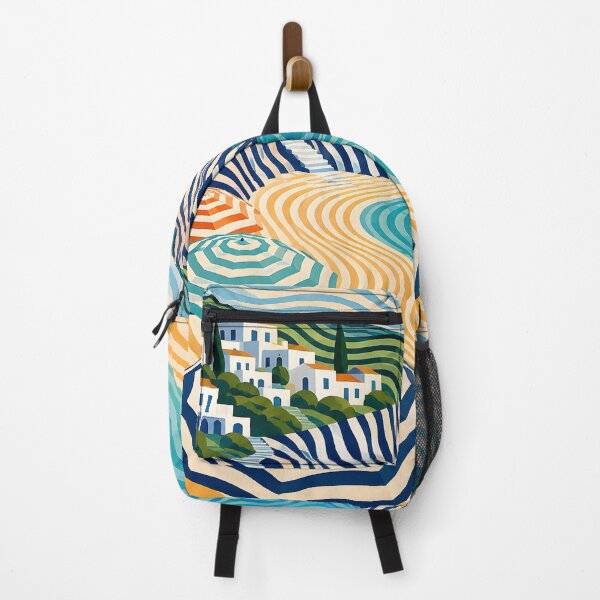 Item preview, Geometric Mediterranean Beach – Wavy Coastal Landscape & Striped Umbrellas designed and sold by GutyzDesignsES.