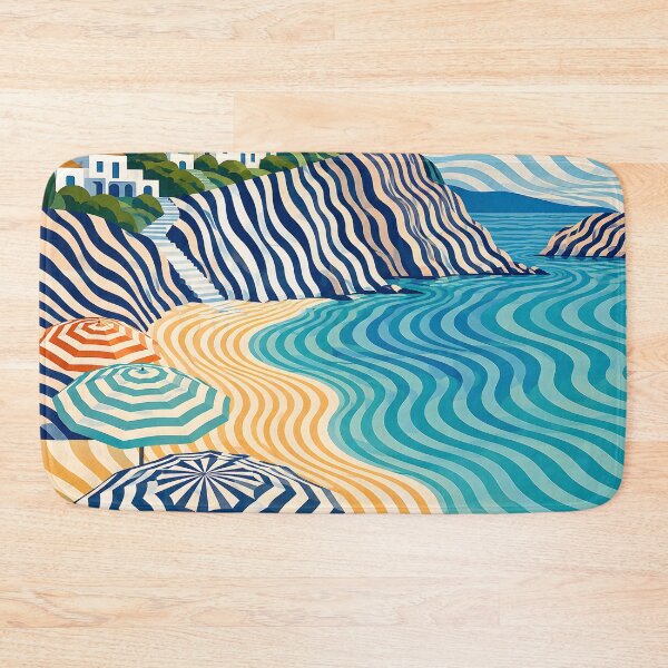 Item preview, Geometric Mediterranean Beach – Wavy Coastal Landscape & Striped Umbrellas designed and sold by GutyzDesignsES.