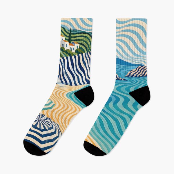 Item preview, Geometric Mediterranean Beach – Wavy Coastal Landscape & Striped Umbrellas designed and sold by GutyzDesignsES.
