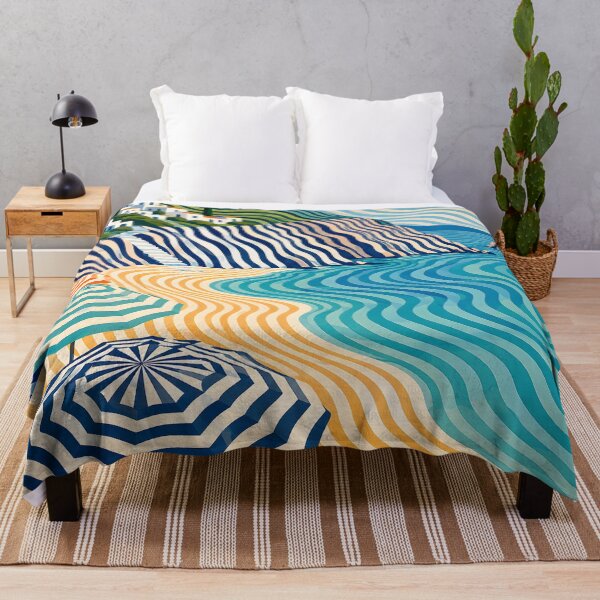 Item preview, Geometric Mediterranean Beach – Wavy Coastal Landscape & Striped Umbrellas designed and sold by GutyzDesignsES.