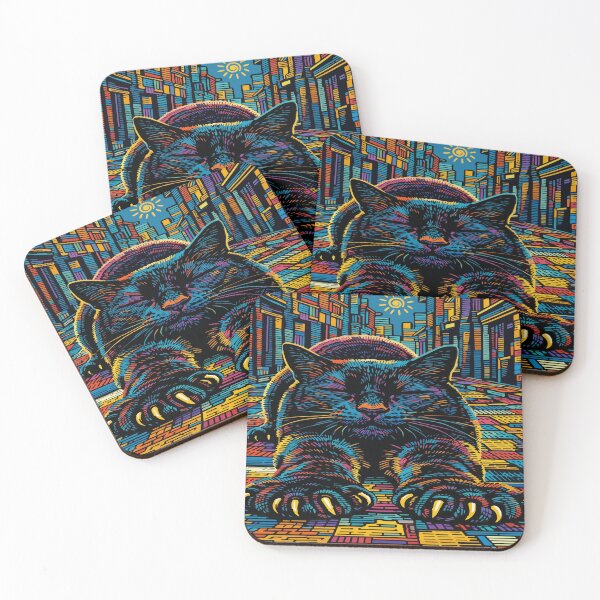 Item preview, Surreal Urban Cat Stretch – Vibrant Cityline Illustration designed and sold by zoliartdesign.