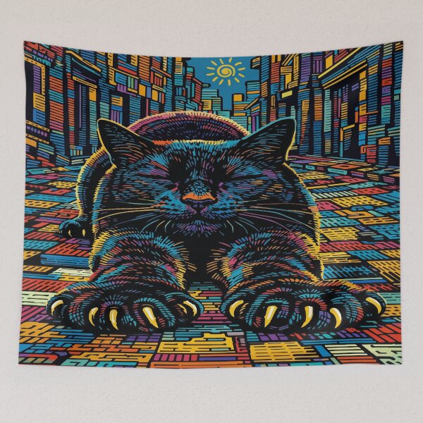Item preview, Surreal Urban Cat Stretch – Vibrant Cityline Illustration designed and sold by zoliartdesign.