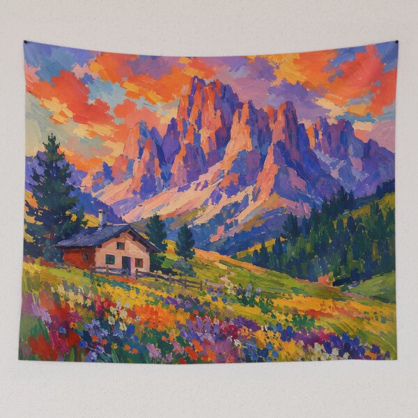 Item preview, Colorful Alpine Mountain Meadow with Cabin – Wildflower Landscape Wall Art designed and sold by GutyzDesignsES.