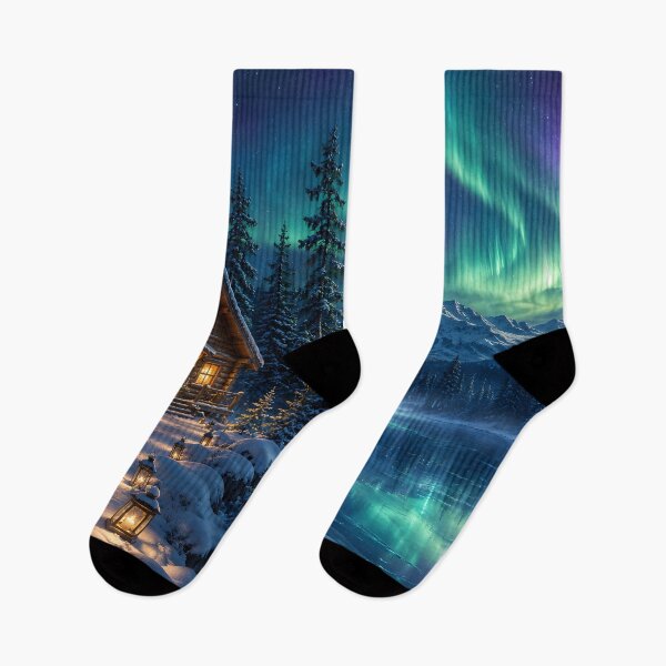 Item preview, Cozy Winter Cabin Northern Lights – Aurora Borealis Snowy Mountain Landscape designed and sold by GutyzDesignsES.