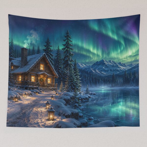 Item preview, Cozy Winter Cabin Northern Lights – Aurora Borealis Snowy Mountain Landscape designed and sold by GutyzDesignsES.