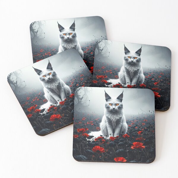 Item preview, White Maine Coon in a black and red flower meadow designed and sold by Mystic-Art-2.