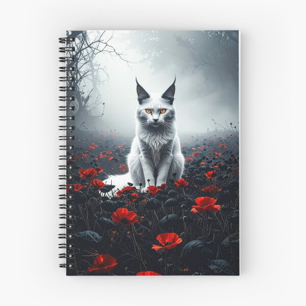 Item preview, White Maine Coon in a black and red flower meadow designed and sold by Mystic-Art-2.