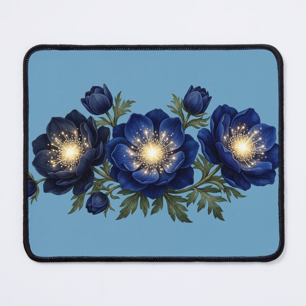 Item preview, Royal Blue Anemone Flowers Glowing Gold Stamen Dark Floral Art designed and sold by BreezifyDesignStudio.