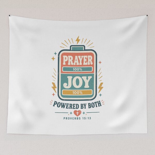 Item preview, Powered by Prayer and Joy Battery Christian Shirt Proverbs 15:13 Faith Design designed and sold by SoulThread Studio.