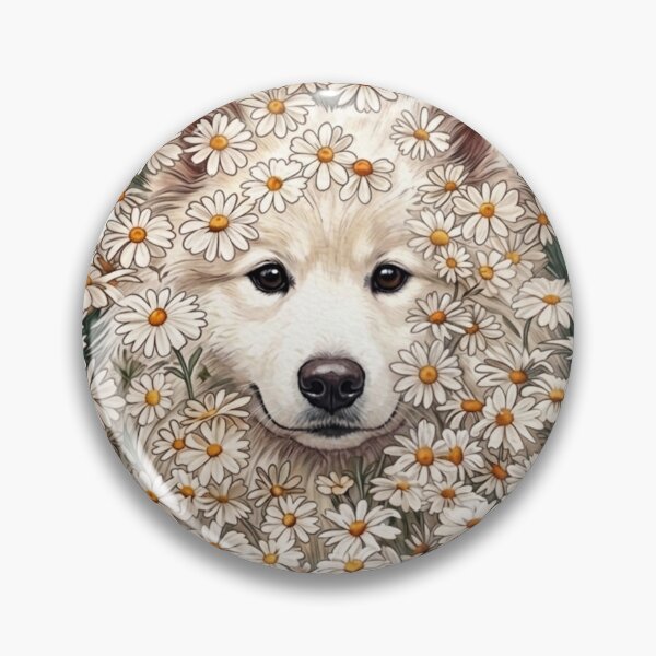 Item preview, Cute white fluffy Husky puppy face surrounded by a dense field of white daisies designed and sold by LavIsInTheAir.