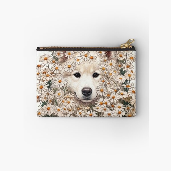 Item preview, Cute white fluffy Husky puppy face surrounded by a dense field of white daisies designed and sold by LavIsInTheAir.