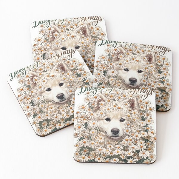 Item preview, Cute white fluffy Husky puppy face surrounded by a dense field of white daisies designed and sold by LavIsInTheAir.