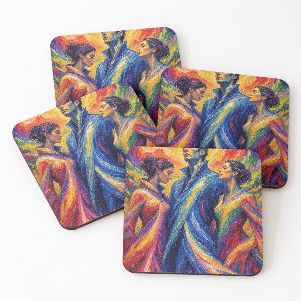 Item preview, Radiant Trio Under the Golden Sun – Expressionist Man and Two Women Amid Colorful Mountains designed and sold by MFMart.