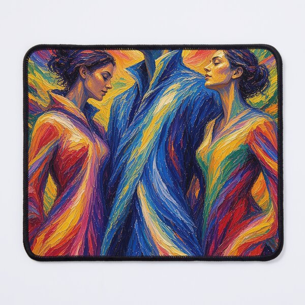 Item preview, Radiant Trio Under the Golden Sun – Expressionist Man and Two Women Amid Colorful Mountains designed and sold by MFMart.