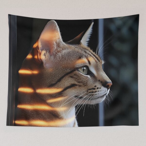 Item preview, Savannah Cat Sunlight Shadow Stripes Window Gaze Warm Feline Whiskers designed and sold by mildaclairmo.