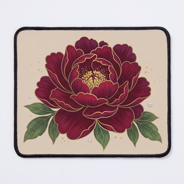 Item preview, Royal Crimson Red Peony Gold Outline Oriental Vintage Floral Art designed and sold by BreezifyDesignStudio.