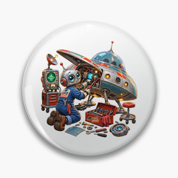 Item preview, Retro Sci-Fi Robot Mechanic Repairing UFO designed and sold by builtforyou.
