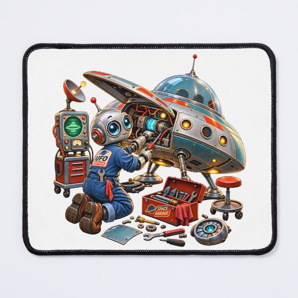 Item preview, Retro Sci-Fi Robot Mechanic Repairing UFO designed and sold by builtforyou.