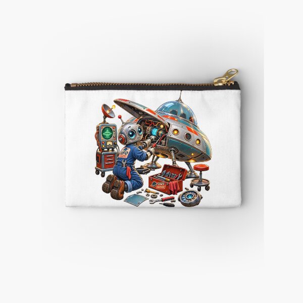 Item preview, Retro Sci-Fi Robot Mechanic Repairing UFO designed and sold by builtforyou.