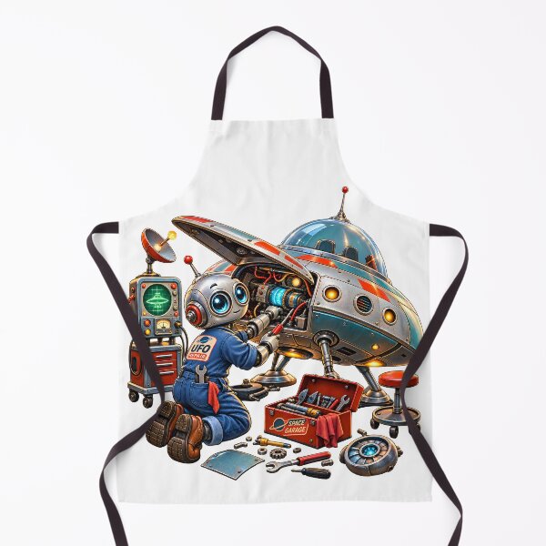 Item preview, Retro Sci-Fi Robot Mechanic Repairing UFO designed and sold by builtforyou.