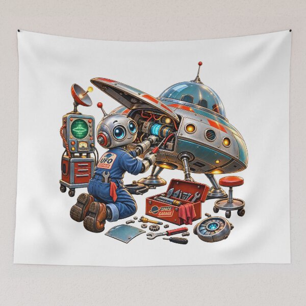Item preview, Retro Sci-Fi Robot Mechanic Repairing UFO designed and sold by builtforyou.