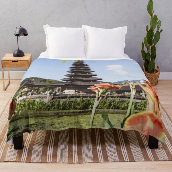 Item preview, Bali Floating Temple with Tropical Flowers Art designed and sold by AuraInkSC.