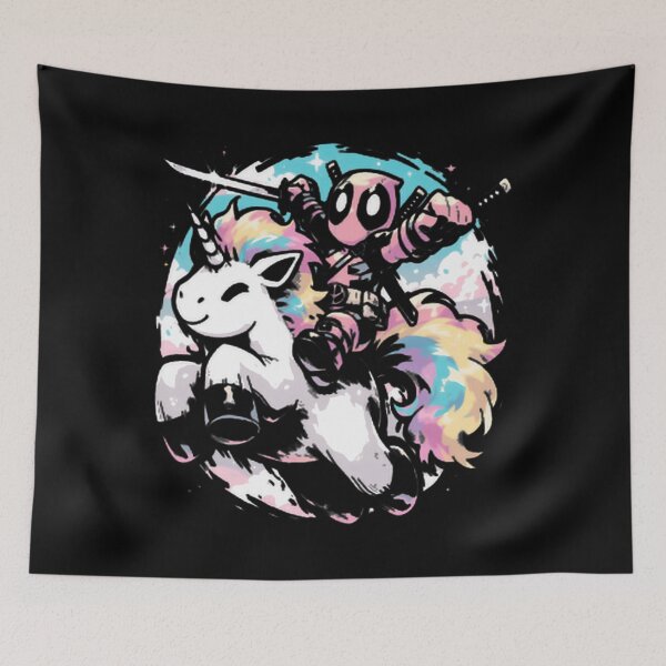 Item preview, deadpool riding colorful unicorn fan art limited edition designed and sold by JulieNicole1.