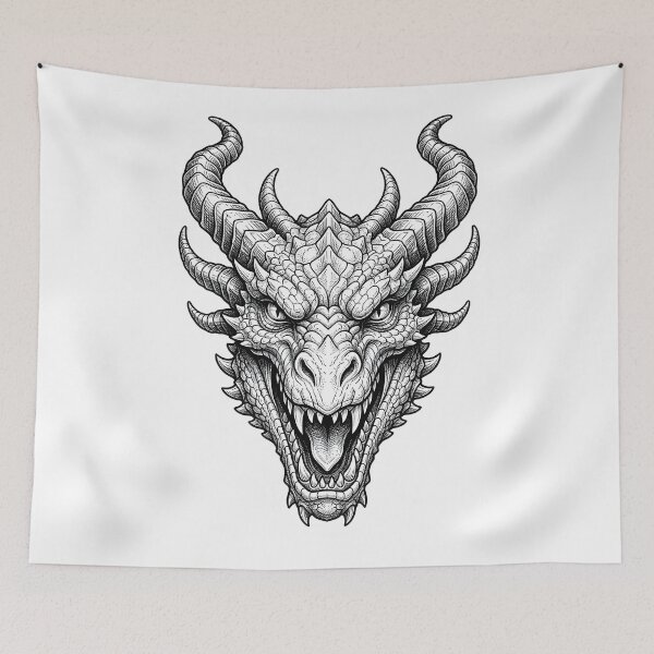 Item preview, Fierce Multi-Horn Dragon Head | Asian Dragon Blackwork designed and sold by DragonSerpent Ink.