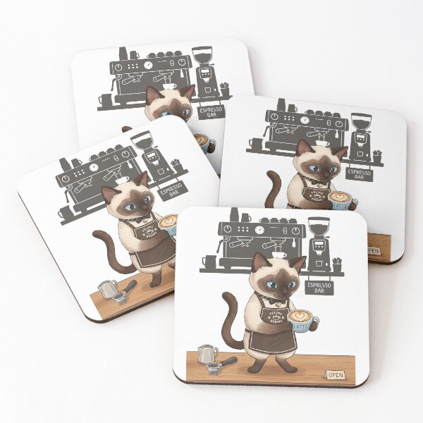 Item preview, Siamese Cat Barista with Latte Art and Espresso Machine Illustration designed and sold by PictoVibe.