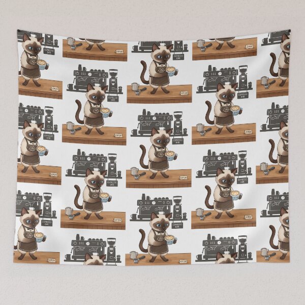 Item preview, Siamese Cat Barista with Latte Art and Espresso Machine Illustration designed and sold by PictoVibe.